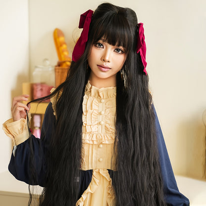 Long Black Water Wave Wig with Bangs 44” Heat Resistant Synthetic Hair, Perfect for Parties Costumes Halloween wig