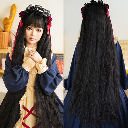 Long Black Water Wave Wig with Bangs 44” Heat Resistant Synthetic Hair, Perfect for Parties Costumes Halloween wig