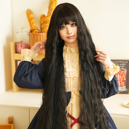 Long Black Water Wave Wig with Bangs 44” Heat Resistant Synthetic Hair, Perfect for Parties Costumes Halloween wig