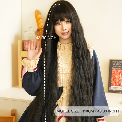 Long Black Water Wave Wig with Bangs 44” Heat Resistant Synthetic Hair, Perfect for Parties Costumes Halloween wig