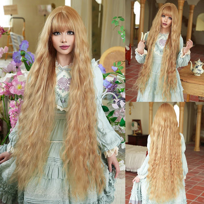 44" Extra Long Blonde Wig with Bangs - Curly Lolita Synthetic Wig for Women’s Rapunzel, Wedding, & Cosplay