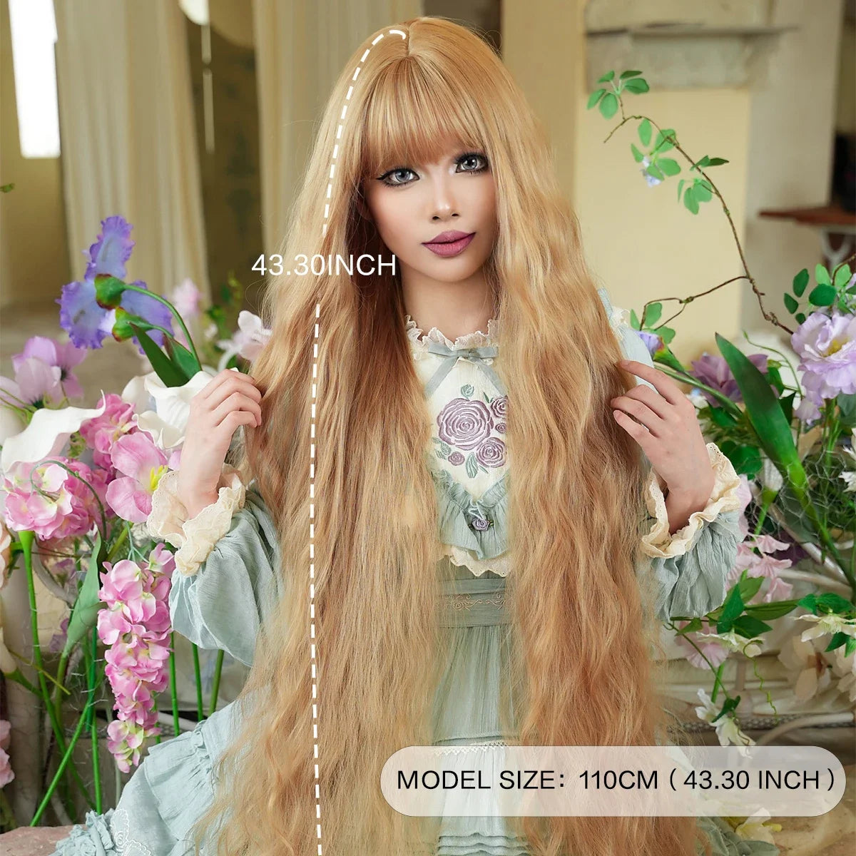 44" Extra Long Blonde Wig with Bangs - Curly Lolita Synthetic Wig for Women’s Rapunzel, Wedding, & Cosplay