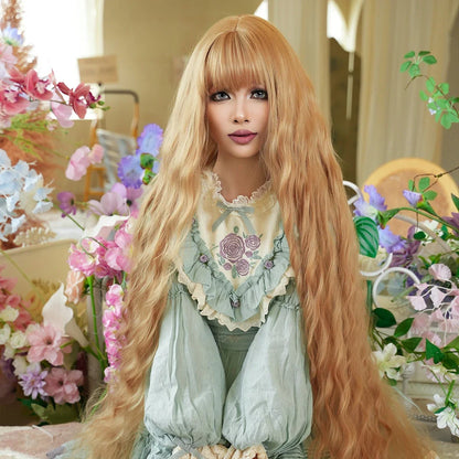 44" Extra Long Blonde Wig with Bangs - Curly Lolita Synthetic Wig for Women’s Rapunzel, Wedding, & Cosplay