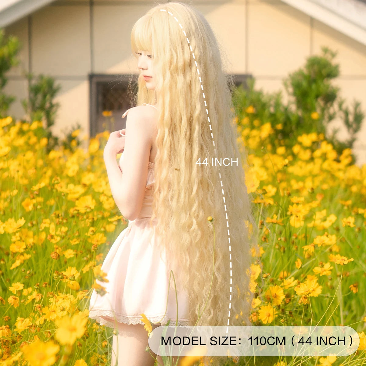 Halloween Wig 44" Extra Long Blonde Cosplay Wig with Bangs - Heat Resistant Loose Curly Lolita Costume Wig