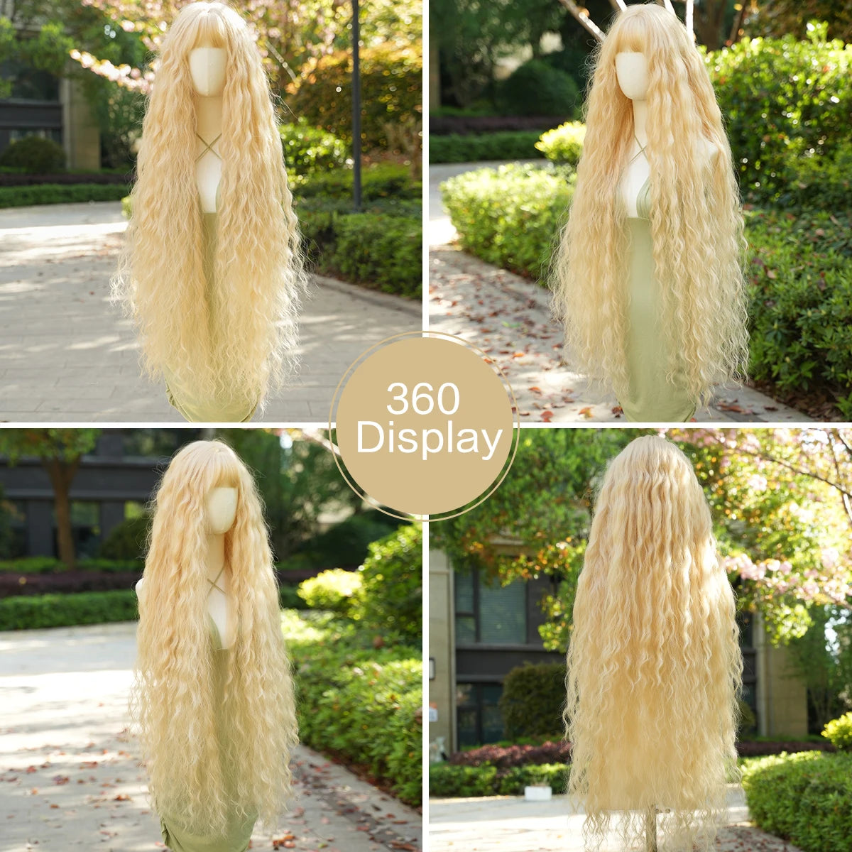 Halloween Wig 44" Extra Long Blonde Cosplay Wig with Bangs - Heat Resistant Loose Curly Lolita Costume Wig