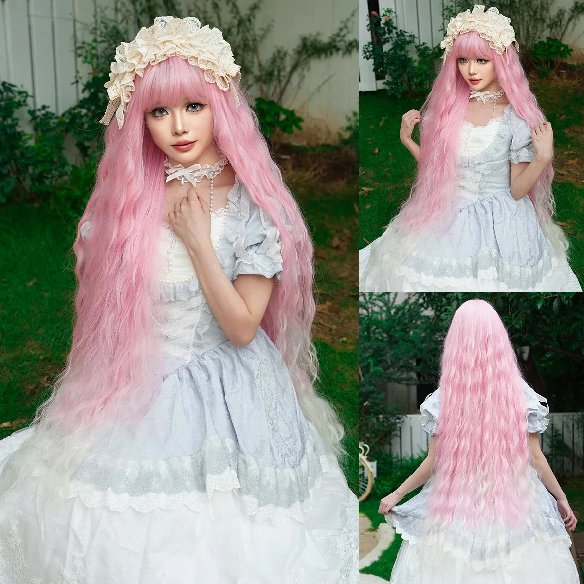 Extra Long 44" Sakura Pink Wig for Women - Gradient White Curly Synthetic Wig for Daily, Party, Cosplay