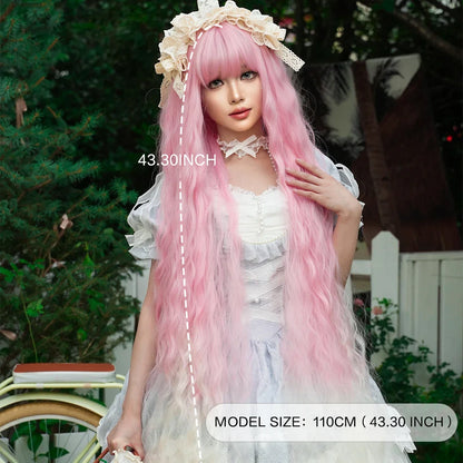 Extra Long 44" Sakura Pink Wig for Women - Gradient White Curly Synthetic Wig for Daily, Party, Cosplay