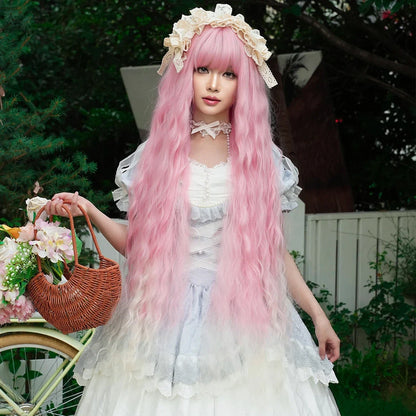 Extra Long 44" Sakura Pink Wig for Women - Gradient White Curly Synthetic Wig for Daily, Party, Cosplay