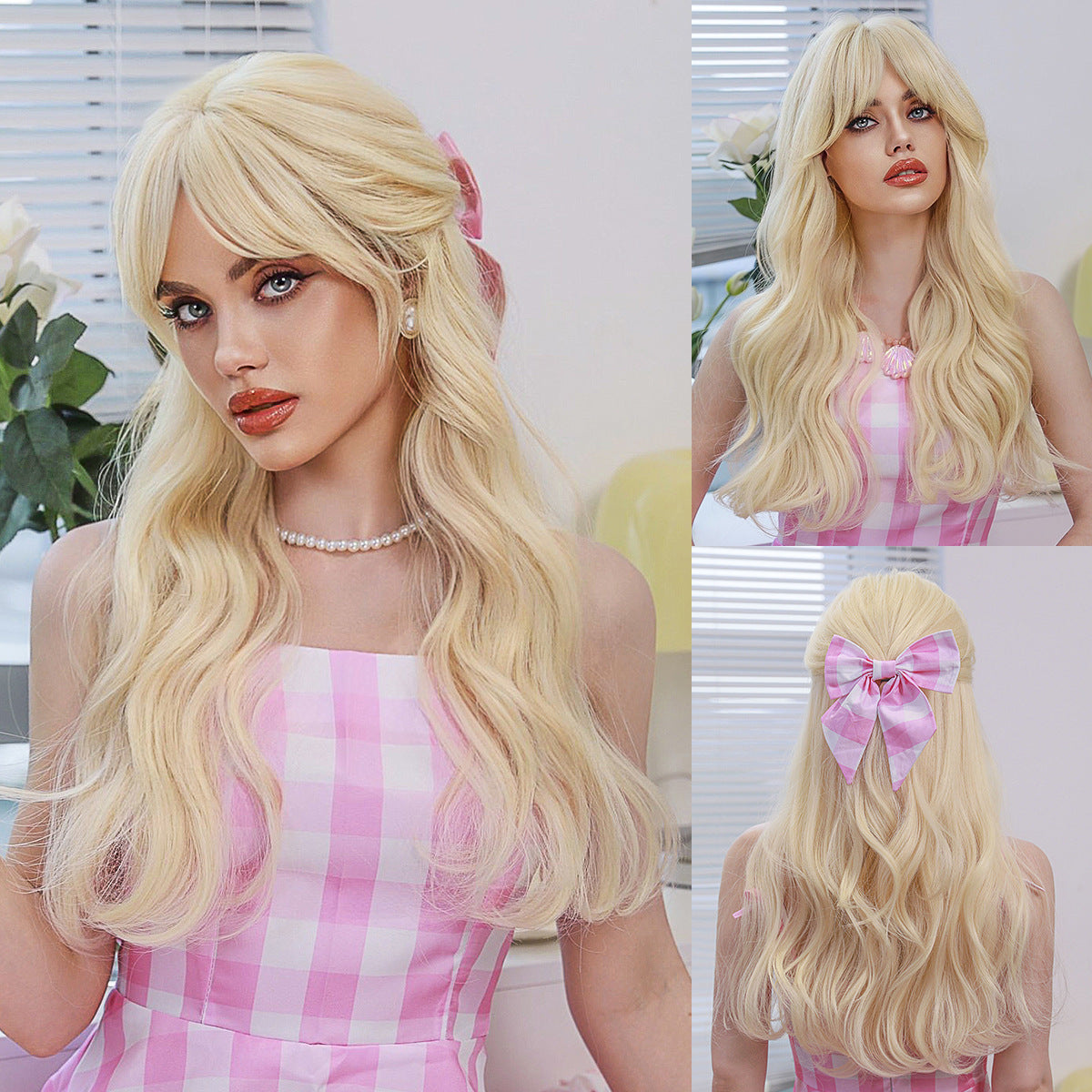 Barbi Blonde Wigs For Women Layered Wavy Long Hair Wig With Curtain Bangs Heat Resistant Synthetic Curly Wigs For Girls Christmas Halloween Cosplay Daily Party Holiday And Dating Use 24 Inch